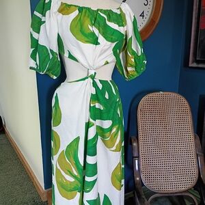 Farm Rio Monstera Off-Shoulder Tie Front Midi Dress